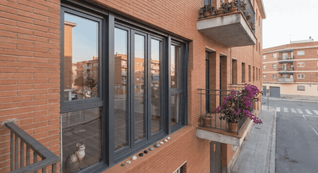Ventanas de PVC Kömmerling con perfil gris antracita instaladas en la fachada de ladrillo de un edificio residencial por Carpintería Aluminio Móstoles AI.