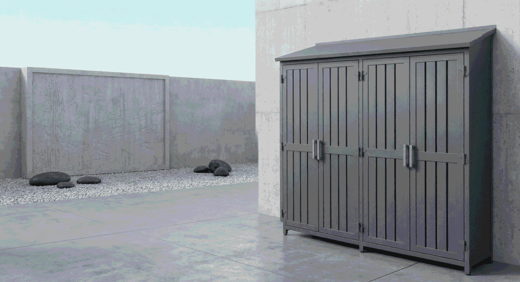 Armario trastero de exterior de gran capacidad en aluminio gris antracita con diseño de lamas, fabricado por Carpintería Aluminio Móstoles AI, instalado en un patio de estilo minimalista.