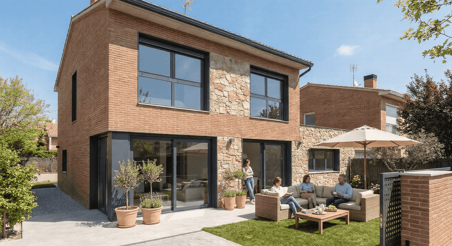 Fachada de una casa moderna de ladrillo y piedra con grandes puertas correderas de cristal de aluminio antracita y ventanas instaladas por Carpintería Aluminio Móstoles AI. Un grupo de personas se relaja en el patio ajardinado.