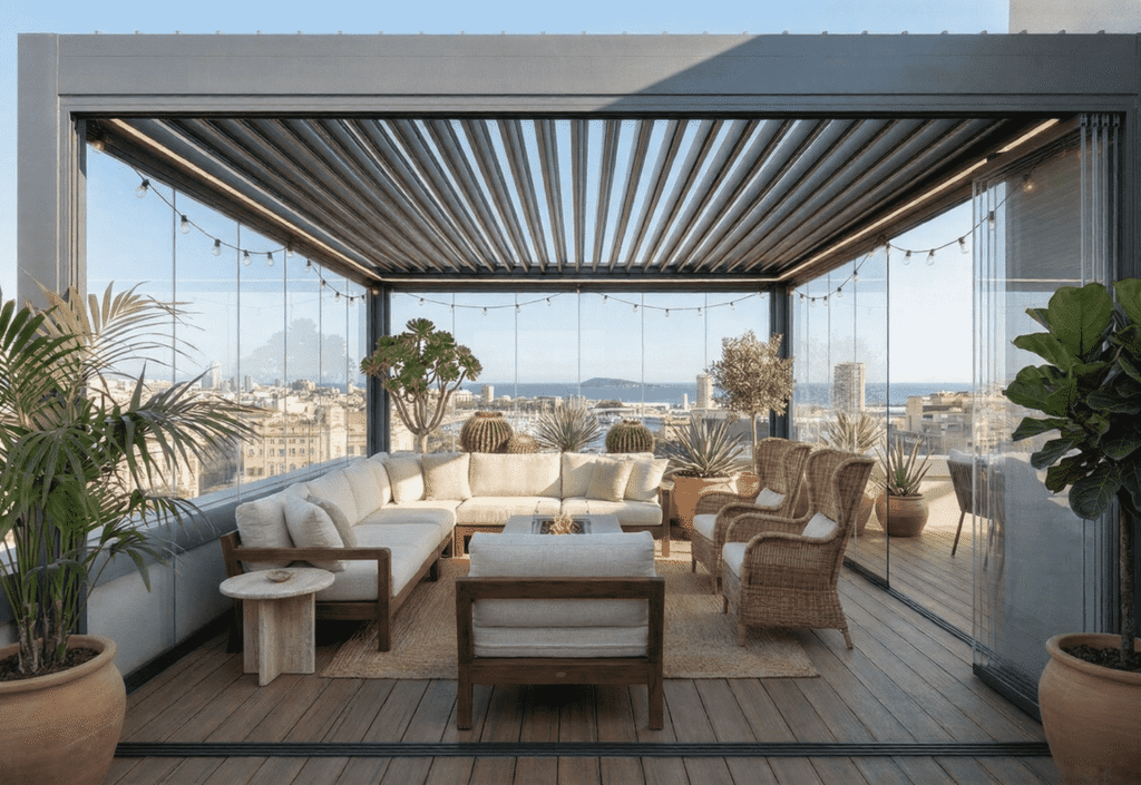 Amplia terraza exterior de estilo rústico con pérgola de madera maciza, cactus y decoración cálida. A la derecha, destaca un gran cerramiento de cristal con puertas plegables de perfilería oscura instalado por Carpintería Aluminio Móstoles, que conecta el salón con el paisaje natural.