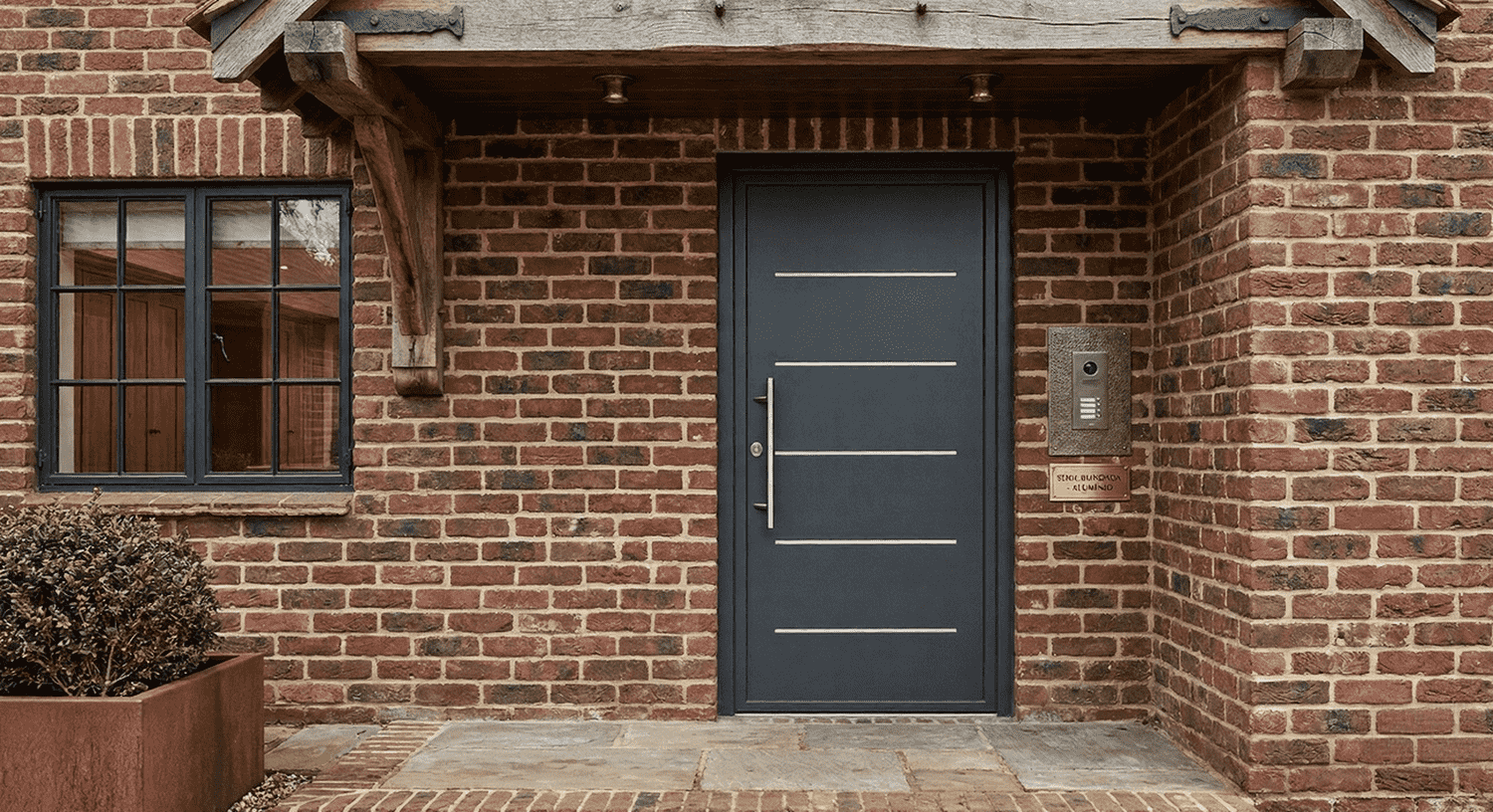Puerta blindada de aluminio gris oscuro instalada en fachada de ladrillo por Carpintería Aluminio Móstoles AI