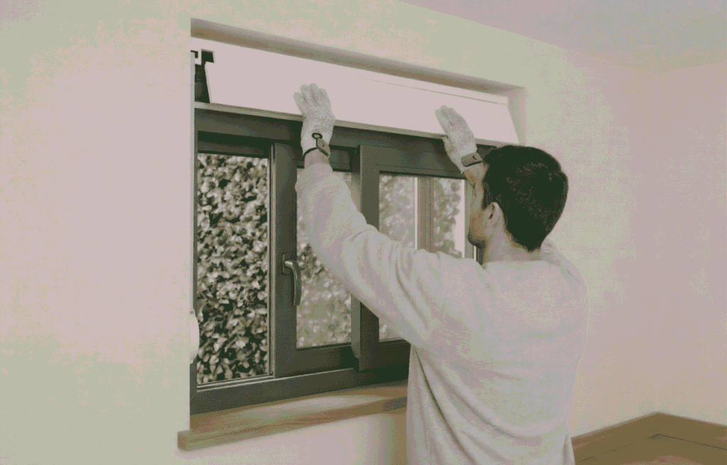 Un técnico especializado de Carpintería Aluminio Móstoles AI realiza la instalación y reparación de un cajón de persiana enrollable sobre una ventana de aluminio gris oscuro en un interior de vivienda.